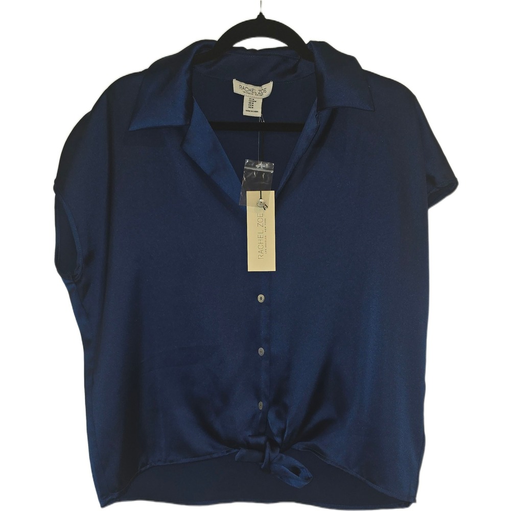 Rachel Zoe Navy Blue Satin Tie Front Button Down Blouse Short Sleeve Top Medium
